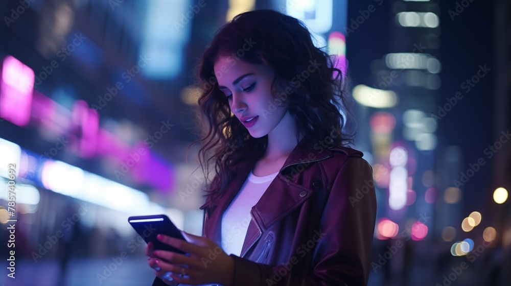 Night city scene, woman using mobile app on the phone under neon lights of street.
