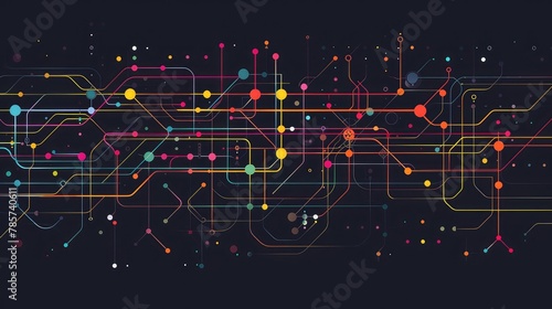 Abstract Subway Map with Colorful Lines and Dots on a Black Background, Flat Graphic Design