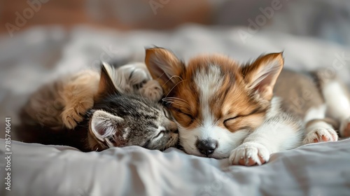 Adorable Puppy and Kitten in a Loving Embrace, Symbolizing Friendship and Togetherness
