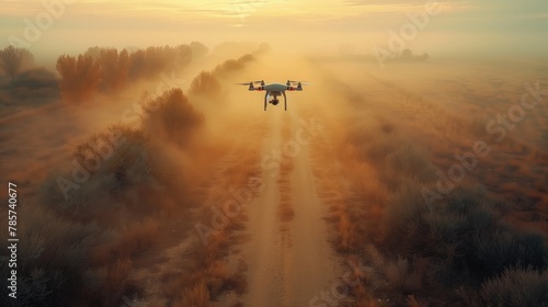 A drone flying over a dirt road in the ecoregion at sunset photo