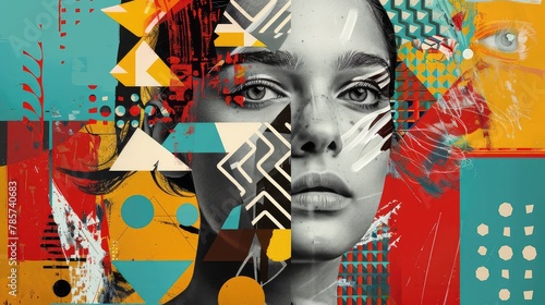 Intriguing Collage Art Portrait of a Woman Embellished with Abstract Geometric Patterns photo