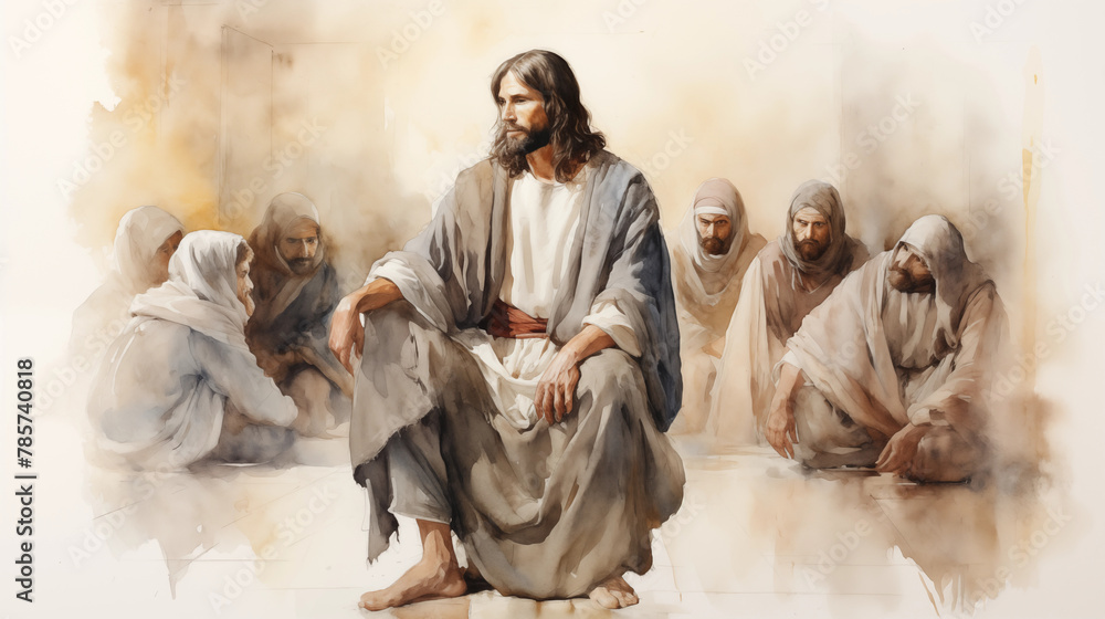 Jesus appearing to the disciples in the locked room. , watercolor style, white background Jesus appearing to the disciples in the locked room. , watercolor style, white background