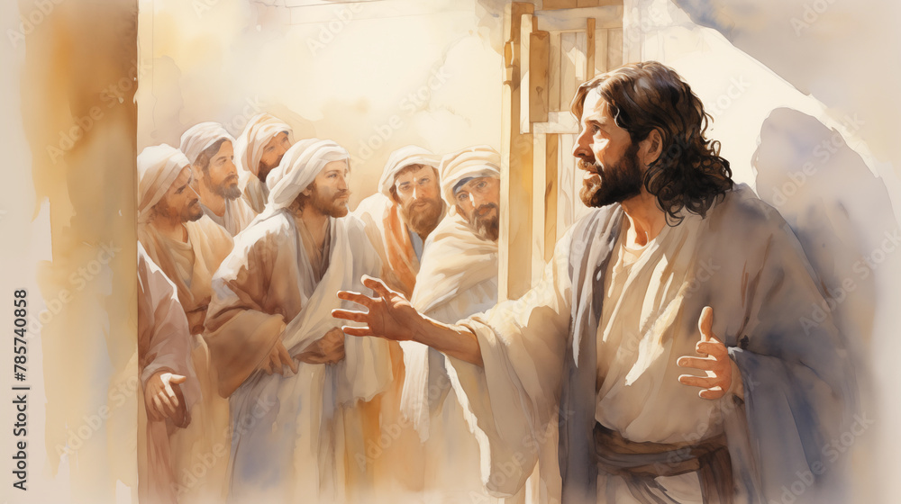 Jesus appearing to the disciples in the locked room. , watercolor style, white background - obrazy, fototapety, plakaty 
