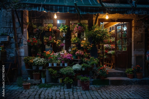 night street. old city center. beautiful flower shop