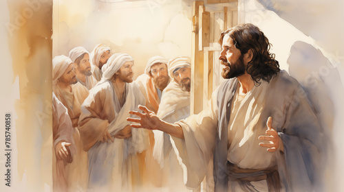 Jesus appearing to the disciples in the locked room. , watercolor style, white background