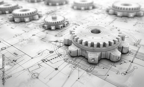 Technische Zeichnung mit mehreren dreidimensionalen Zahnrädern auf Grau, Maschinenbauteile in Vogelperspektive, Vektorgrafik