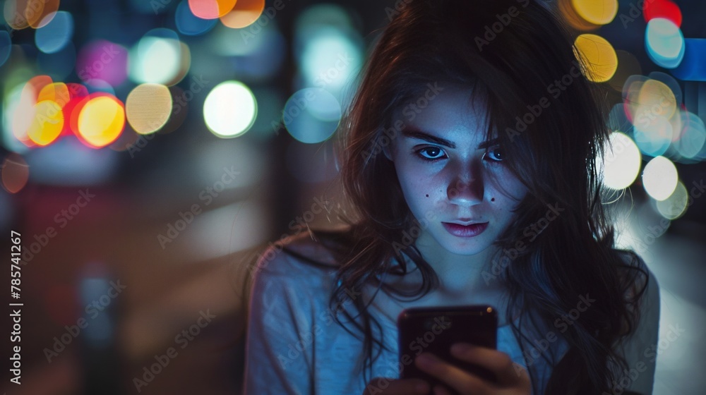 Cyber bullying concept. Opinion and the pressure of society. Shame. Depressed woman looks at the phone. Cyber bullying concept. Opinion and the pressure of society. Shame. Depressed woman looks at the phone.
