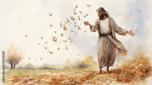 The parable of the sower, with Jesus scattering seeds. , watercolor style, white background photo