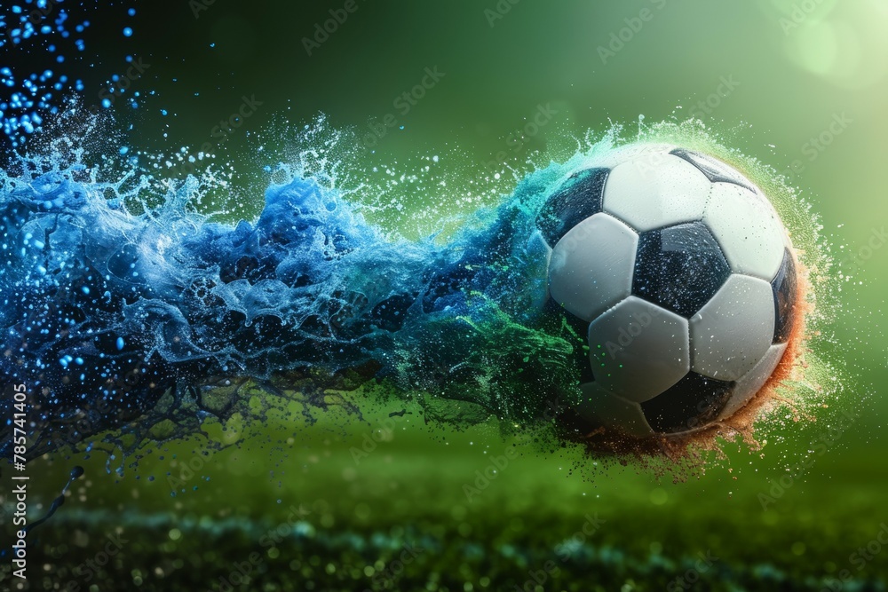 A soccer ball is in the air, surrounded by water droplets