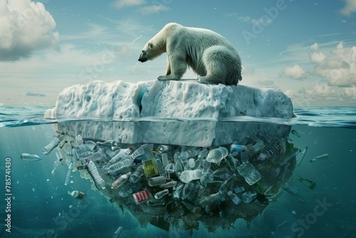 A polar bear is sitting on top of a melting iceberg. Ecology problems and plastic pollution concept