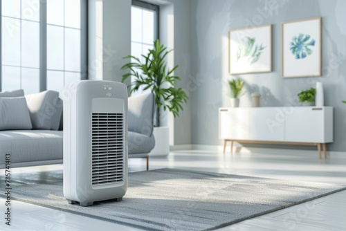 A white air purifier sits on a rug in a living room. Summer heat concept photo