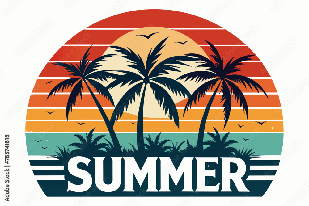 sunset with palm tree vector illustration 