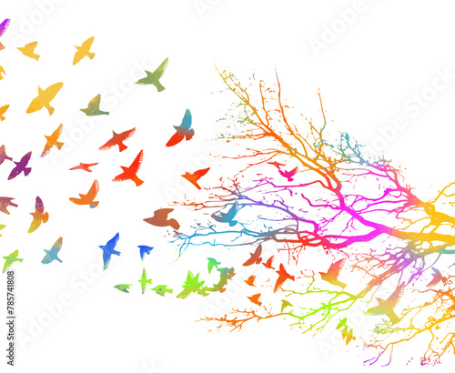 Tree and flying colored birds in the sky. hand drawing. Not AI, Vector illustration