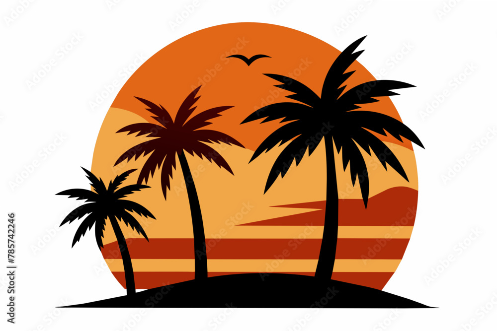sunset with palm tree vector illustration