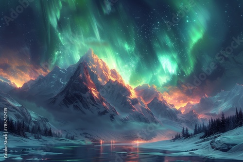 Enigmatic auroras above mountain at nighttime
