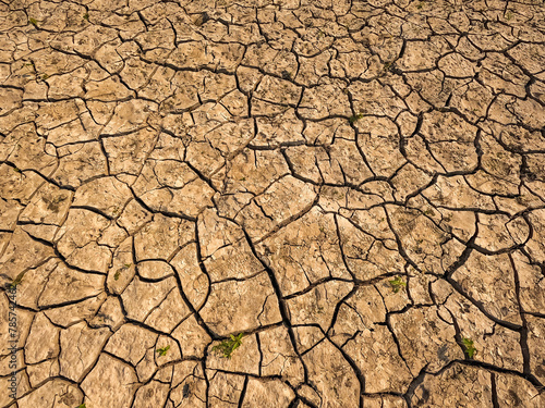 Overhead view of dry, cracked soil. Drought conditions have caused water to recede on a riverbed, creating arid conditions in the soil.