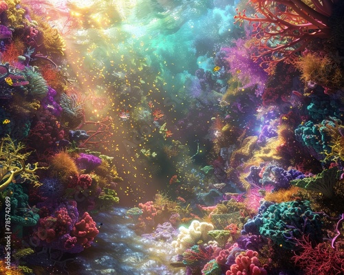 A vibrant digital artwork depicting a cosmic coral reef floating in a nebula space. The colorful corals ethereal glow create a surreal and captivating seascape, perfect for fantasy, underwater,space © PorchzStudio