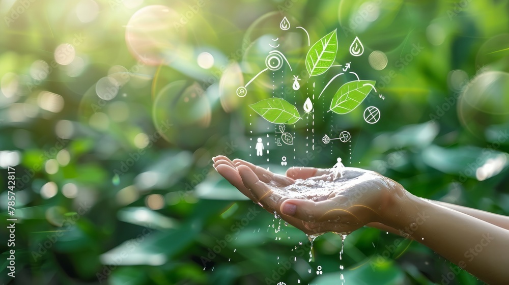 Water pouring in woman hand with icons energy sources for renewable, sustainable development. Ecology concept on nature green leaf background. Earth day. Environment issues - obrazy, fototapety, plakaty 