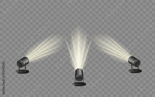 Spotlights set, stage and studio light, realistic hanging lamps. Spot lights and searchlights for concert. Vector