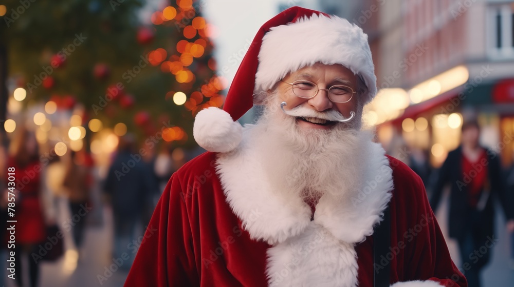 smiling senior man with white beard in Santa Claus costume walking along people on street in city. smiling senior man with white beard in Santa Claus costume walking along people on street in city.
