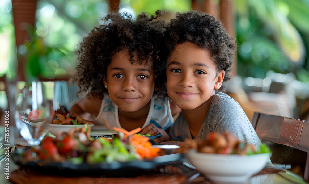 Two children smile while eating food at a restaurant Two children smile while eating food at a restaurant