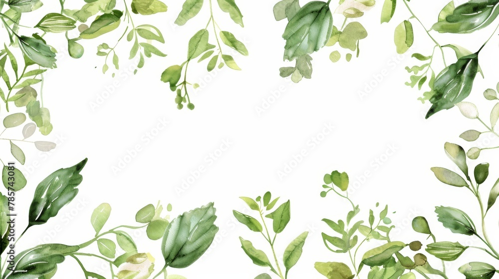 Fresh green leaves and branches on white background, watercolor hand drawn illustration Fresh green leaves and branches on white background, watercolor hand drawn illustration