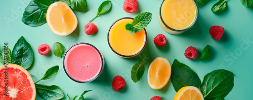 Fruit smoothies in glasses and ingredients on color background