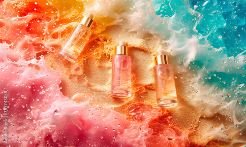 Perfume bottle on colorful water background. Beauty and spa concept.
