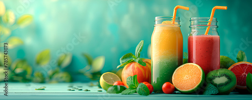 Fruit smoothies in glasses and ingredients on color background
