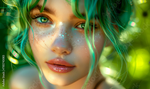 Portrait of a beautiful girl with green hair in a fairy forest.