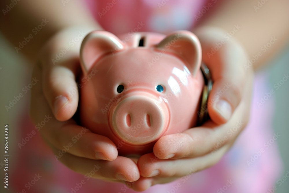 Piggy bank in hands. Saving money wealth and financial concept. Backdrop with selective focus and copy space Piggy bank in hands. Saving money wealth and financial concept. Backdrop with selective focus and copy space
