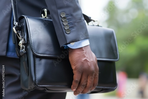 A man is holding a black briefcase and wearing a suit. Business concept