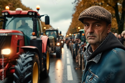 Male farmer at a protest. Backdrop with selective focus and copy space