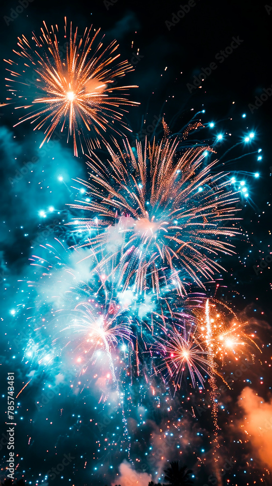 Fototapeta premium A fireworks display is lit up in the night sky over a city
