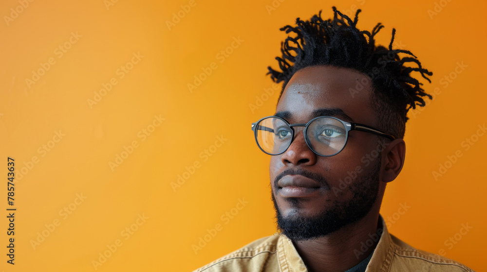 Portrait of young african american man in eyeglasses on Orange Background with space for text Portrait of young african american man in eyeglasses on Orange Background with space for text