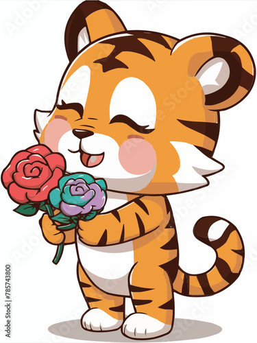 Cute standing lovely tiger with closed eyes  flowers vector customized design