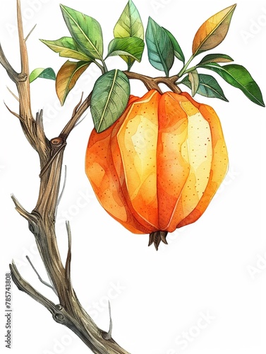 Watercolor A persimmon hovers, its deep orange skin a beacon in the void photo