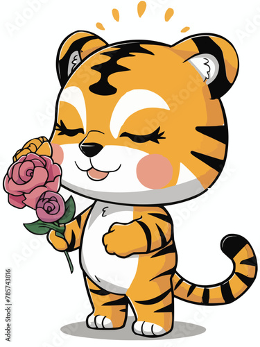 Cute standing lovely tiger with closed eyes  flowers vector customized design