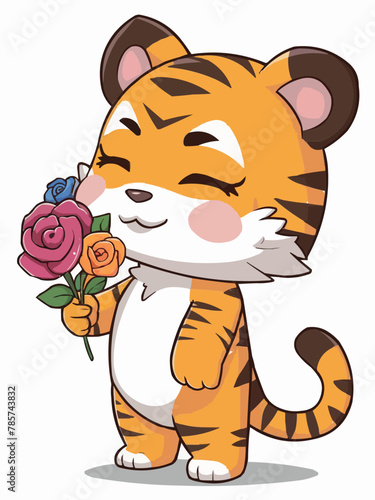 Cute standing lovely tiger with closed eyes  flowers vector customized design