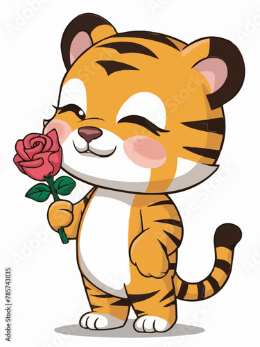 Cute standing lovely tiger with closed eyes  flowers vector customized design