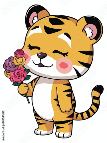 Cute standing lovely tiger with closed eyes  flowers vector customized design