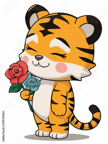 Cute standing lovely tiger with closed eyes  flowers vector customized design
