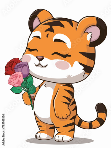 Cute standing lovely tiger with closed eyes  flowers vector customized design