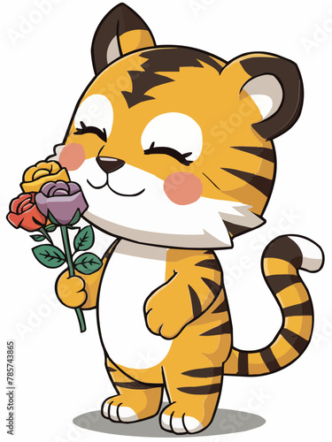 Cute standing lovely tiger with closed eyes  flowers vector customized design