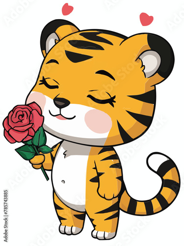 Cute standing lovely tiger with closed eyes  flowers vector customized design