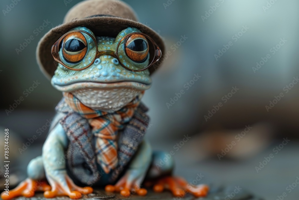 A captivating conceptual portrait of a frog garbed in a vintage-inspired tweed outfit, simultaneously chic and endearing A captivating conceptual portrait of a frog garbed in a vintage-inspired tweed outfit, simultaneously chic and endearing