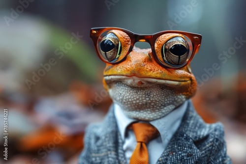 A stylish frog with oversized orange glasses and a smart tie provides a humorous and strikingly human-like depiction