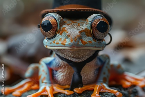 This detailed close-up emphasizes the frog s textured skin  contrasting with its sleek top hat and soulful eyes