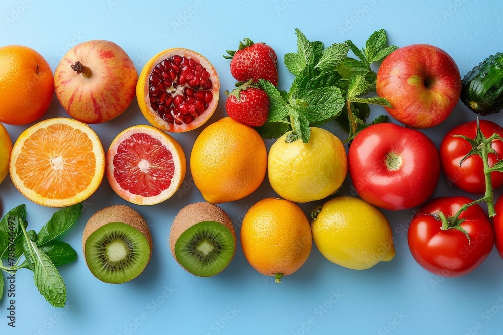 Freshness on display with assorted fruits and vegetables neatly organized against a light blue surface, showcasing a variety of textures and colors Freshness on display with assorted fruits and vegetables neatly organized against a light blue surface, showcasing a variety of textures and colors
