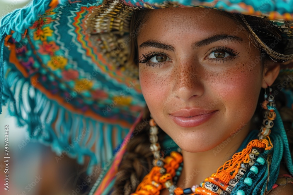 Close-up of woman with vibrant traditional hat and jewelry smiling